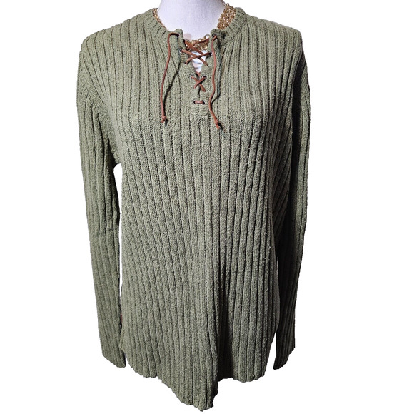 Lauren Ralph Lauren Sweaters - Lauren Ralph Lauren Silk Linen Lace up Neck Cable Knit Sweater Cactus Green XL